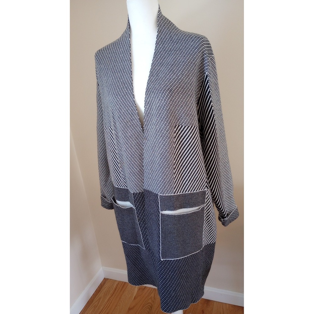 Sioni Ladies Open Front Cardigan Duster Sweater Coat Large Black+White EUC - Picture 2 of 9